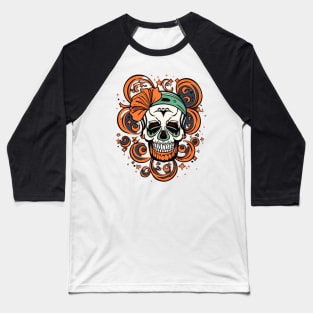 Fun Skull with Bandana and Flower Baseball T-Shirt